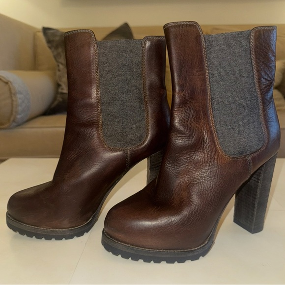 BRUNELLO CUCINELLI Brown Leather Ankle Boots with Gray Panels - Picture 1 of 10